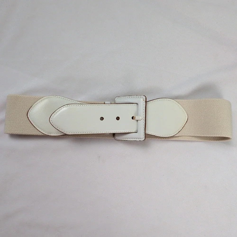 Wide Leather Elastic Cinch Waist Belt M/L Off White Buckle Coastal Prep